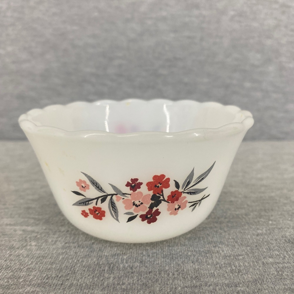 Vintage Fire King Dessert Bowl White Floral Milk Glass Scalloped Edge USA